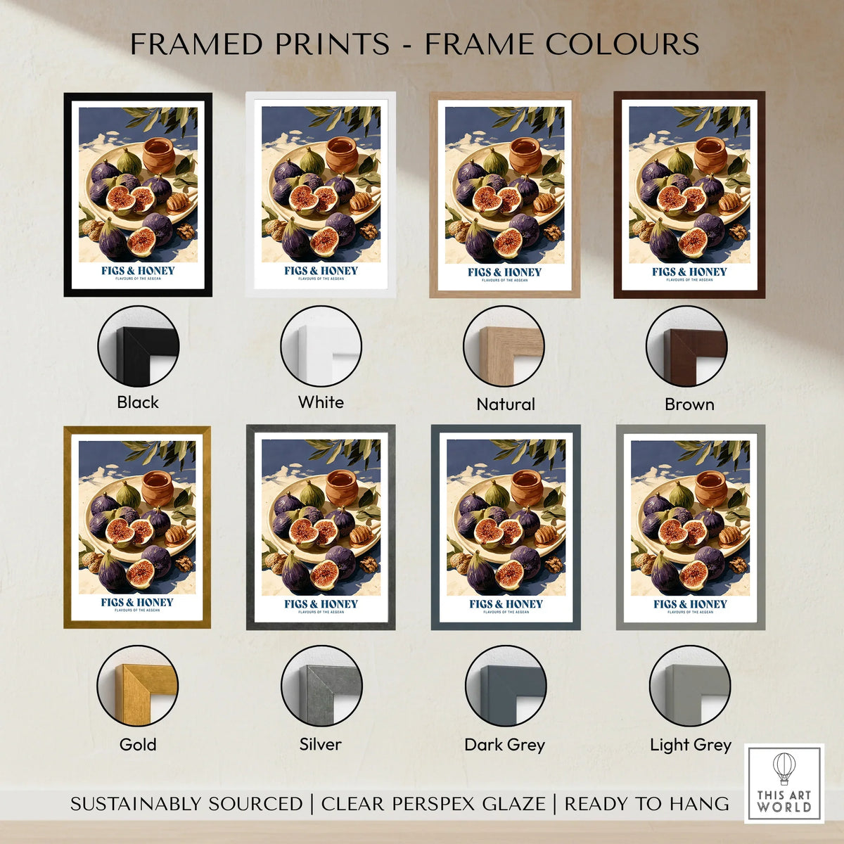 Greek Figs and Honey Kitchen Wall Art - framed print colour options