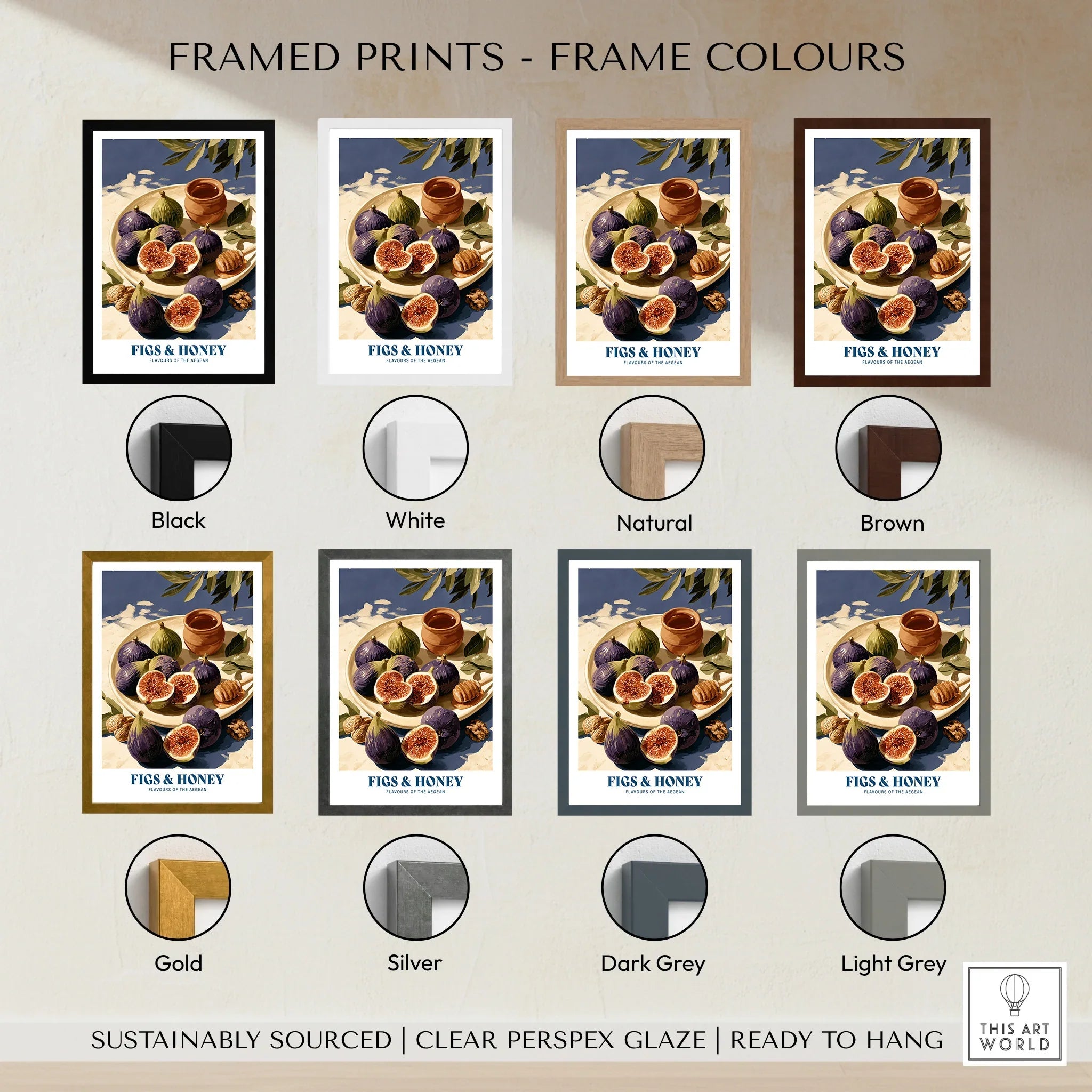 Greek Figs and Honey Kitchen Wall Art - framed print colour options