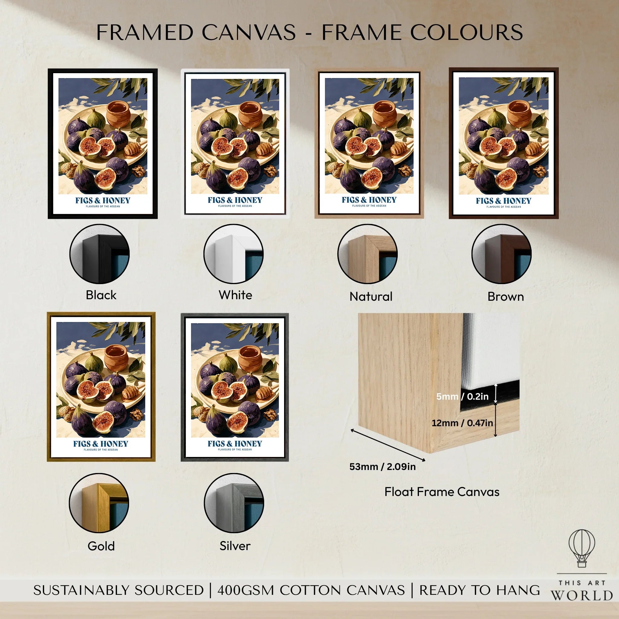 Greek Figs and Honey Kitchen Wall Art - framed canvas float frame colour options