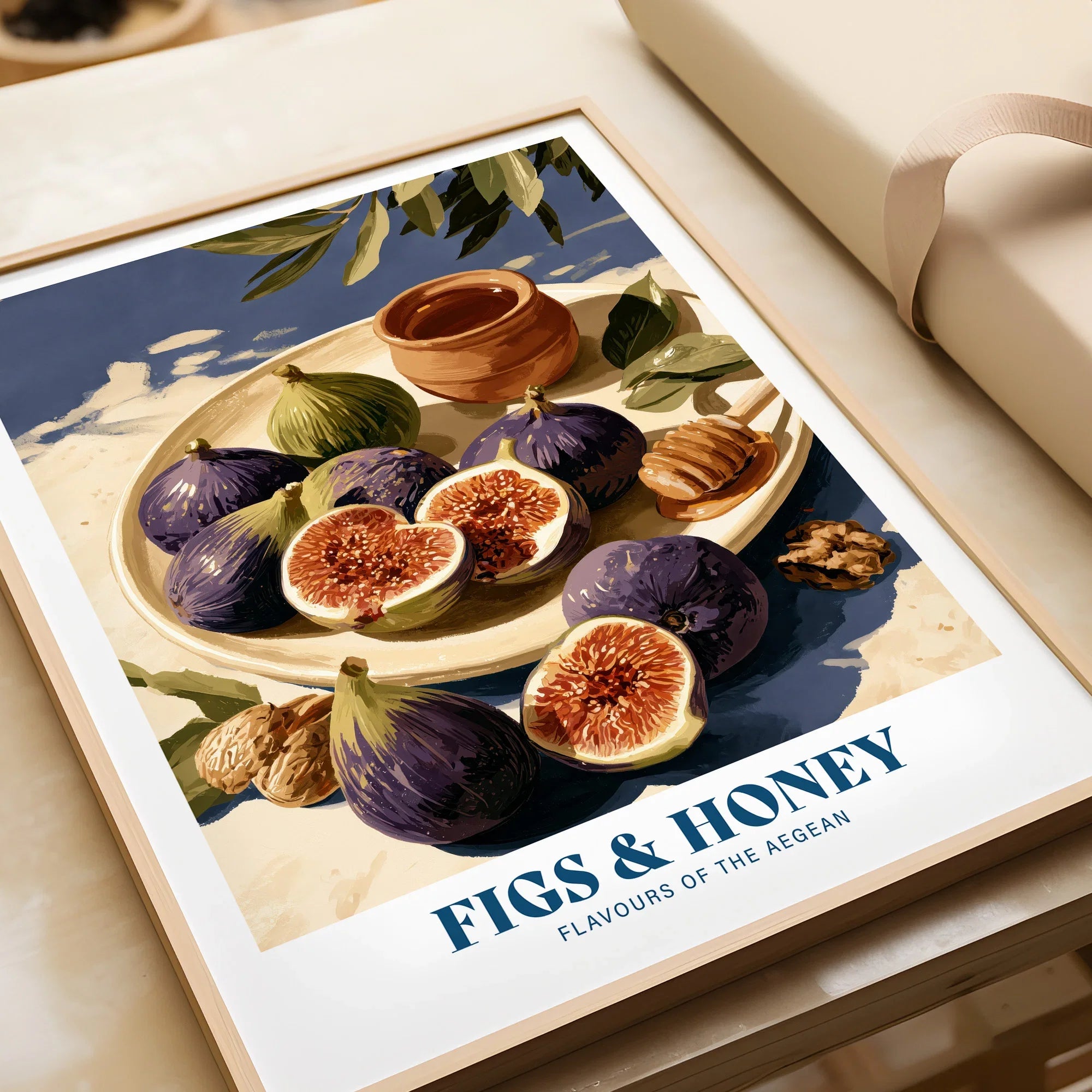 Greek Figs and Honey Kitchen Wall Art - framed art print closeup gift unwrapped natural frame