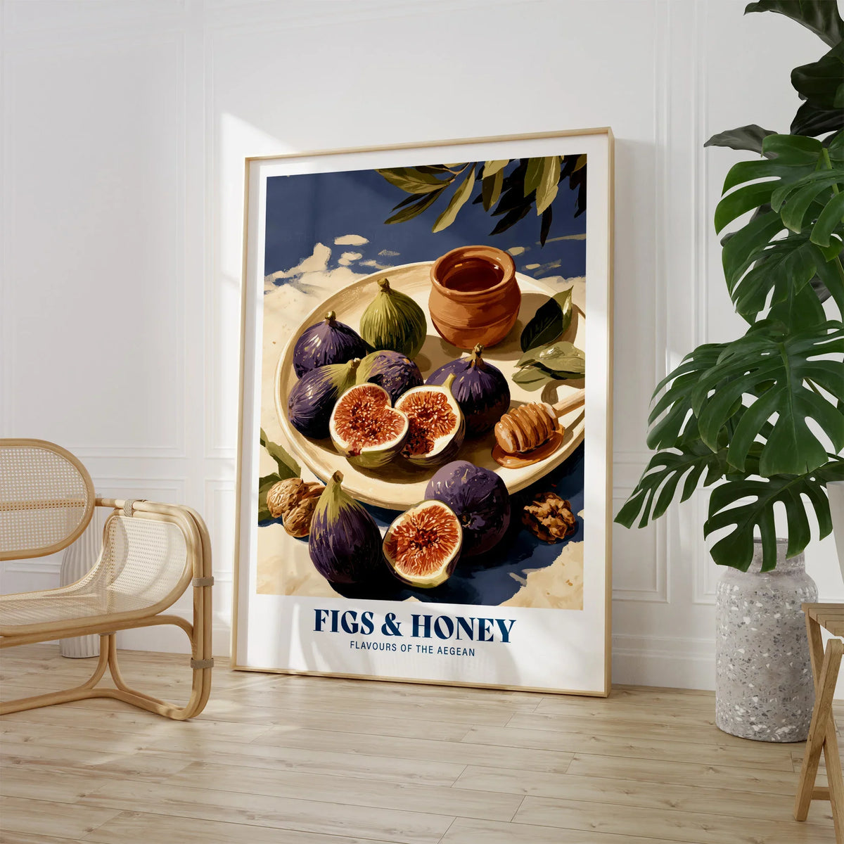 Greek Figs and Honey Kitchen Wall Art - large framed print room setting chair plant