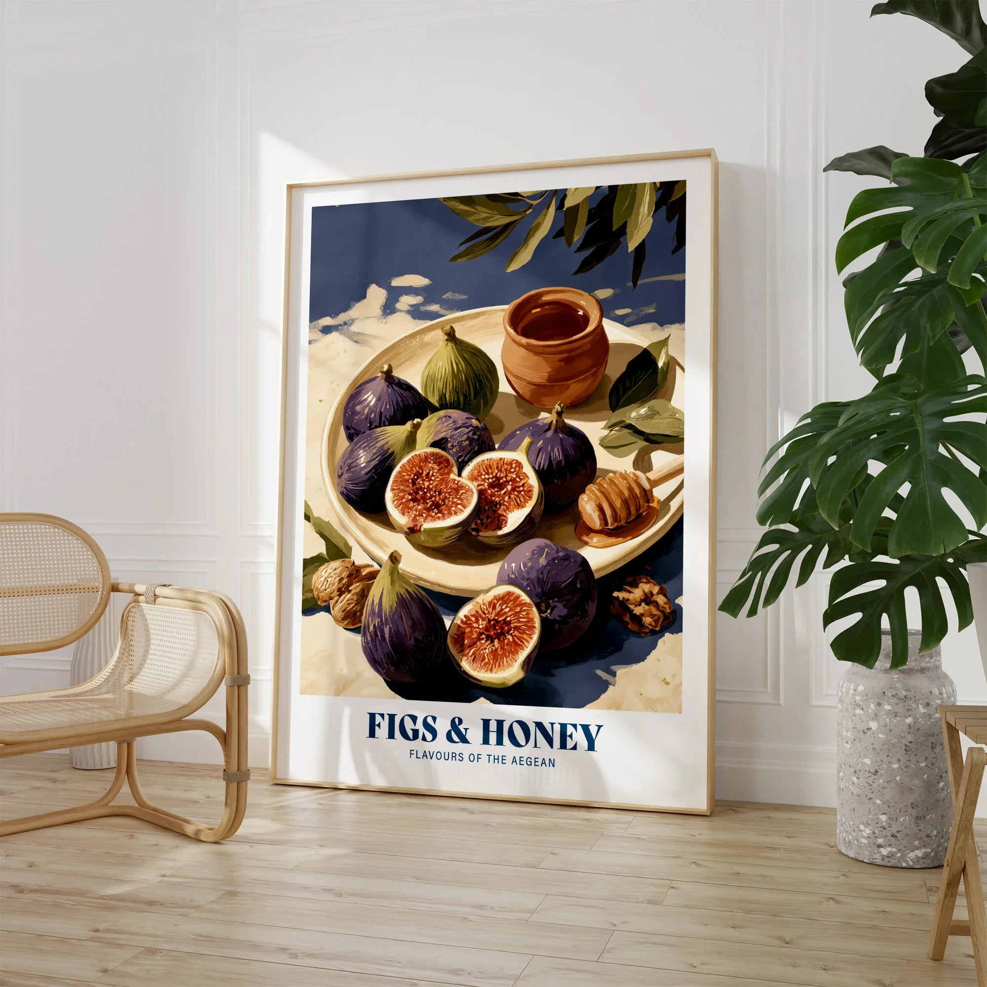 Greek Figs and Honey Kitchen Wall Art - large framed print room setting chair plant