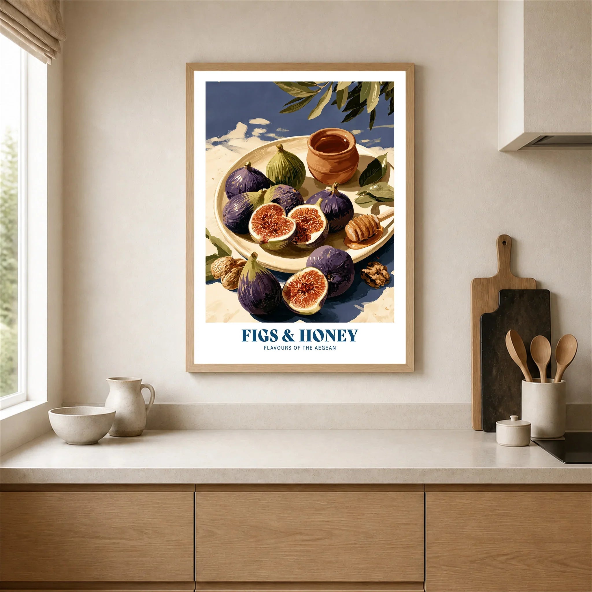 Greek Figs and Honey Kitchen Wall Art - neutral kitchen single frame mockup This Art World