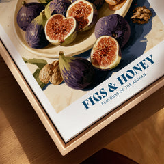 Greek Figs and Honey Kitchen Wall Art - closeup framed canvas natural wood floating frame