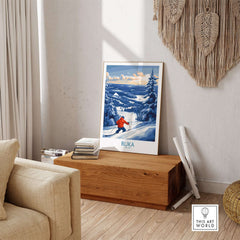 Finland Ski Adventure Poster featuring skier in Ruka snowscape, Scandinavian wall art for winter ambiance.