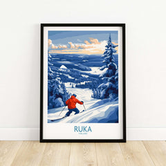 Ruka Ski Adventure Poster featuring a skier in a snowy landscape of Finland, vibrant Scandinavian wall art.