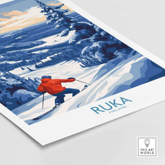 Finland Ski Adventure Poster featuring a skier in Ruka's snowy landscape, perfect for Scandinavian wall art.