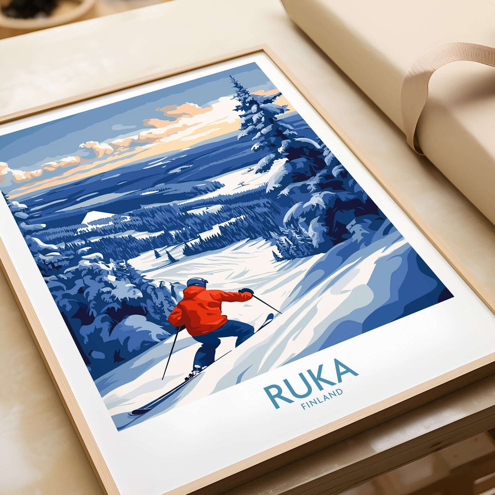 Finland Ski Adventure Poster featuring a skier in Ruka's winter landscape, vibrant Scandinavian wall art.