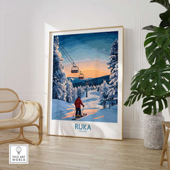 Ruka snow scene art print showcasing a skier, capturing the beauty of Finland's ski resort in Scandinavian decor.