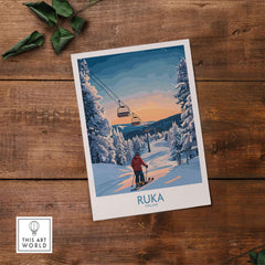 Ruka snow scene print showcasing a skier in scenic Finland, perfect for Scandinavian wall decor.