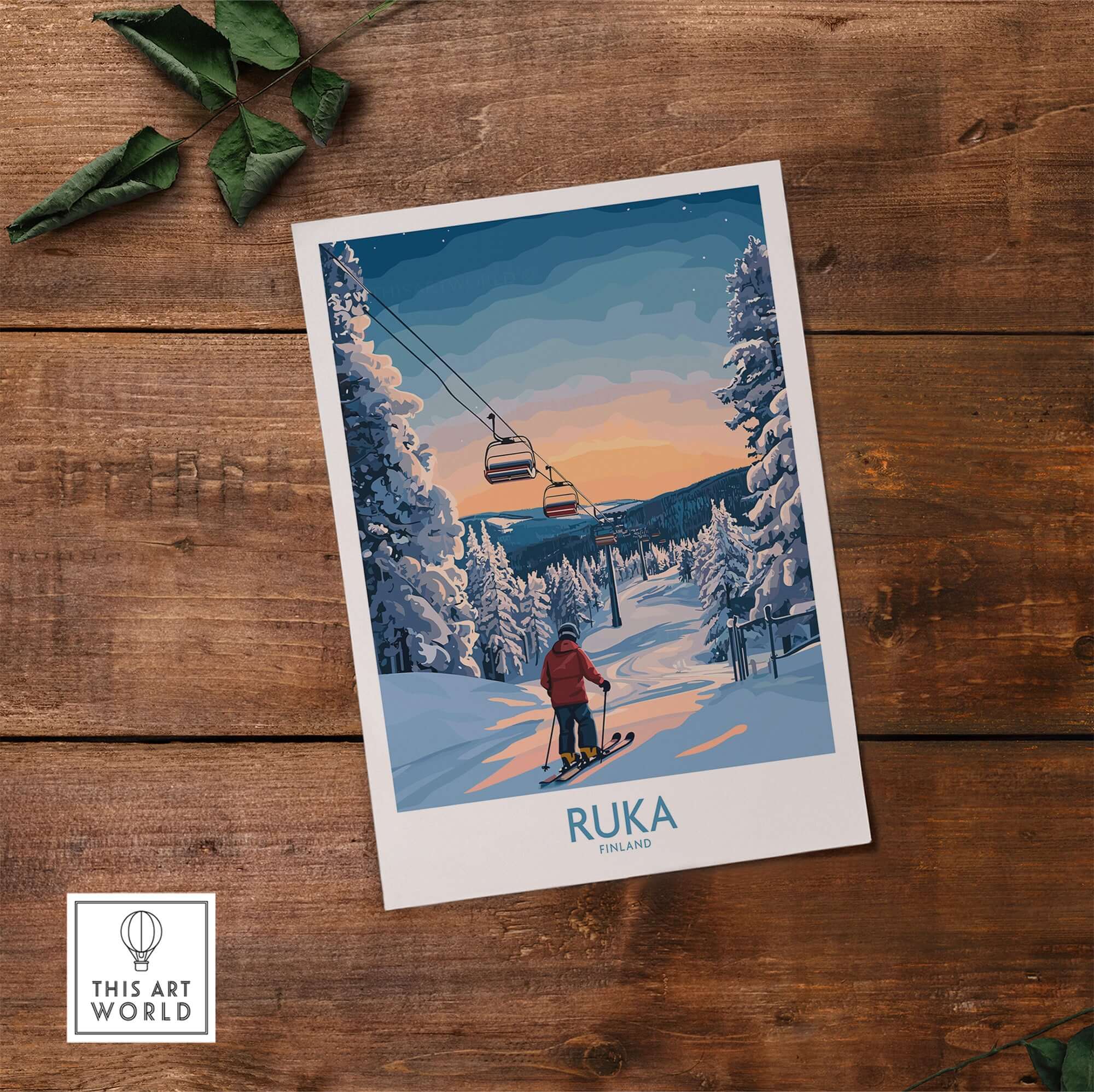 Ruka snow scene print showcasing a skier in scenic Finland, perfect for Scandinavian wall decor.