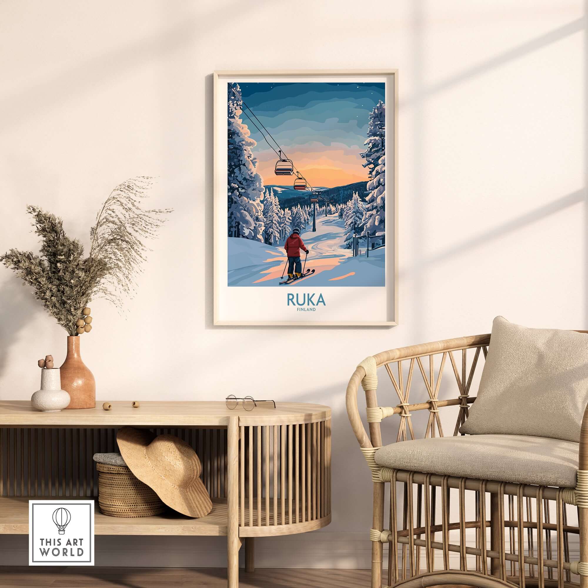 Framed Ruka snow scene print showcasing a ski resort, perfect Scandinavian wall decor for winter enthusiasts.