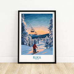 Ruka ski resort art print featuring a sunset snow scene with a skier and chairlifts in Finland.