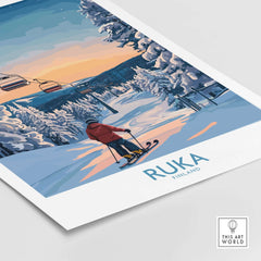 Ruka ski resort art print featuring a skier amidst snowy landscapes in Finland, perfect Scandinavian wall decor.