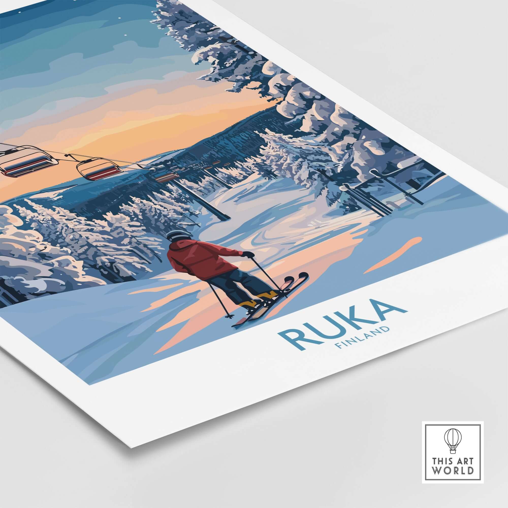 Ruka ski resort art print featuring a skier amidst snowy landscapes in Finland, perfect Scandinavian wall decor.