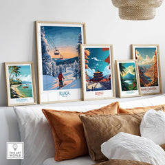 Collection of travel art prints featuring Ruka ski resort scenery and landscapes from Philippines, Beijing, Costa Rica, and Grand Canyon.