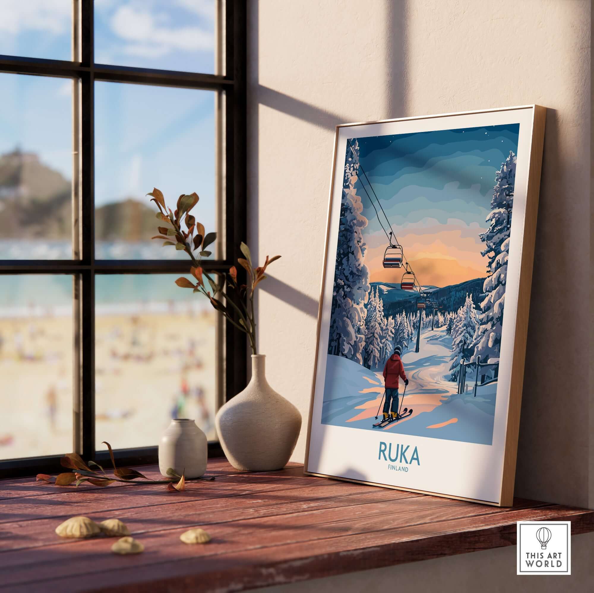 Ruka snow scene print adorning a sunny interior, showcasing Finland's scenic beauty in Scandinavian wall decor.