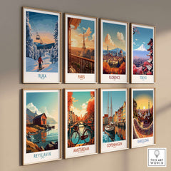 Framed travel art prints featuring Ruka, Paris, Florence, Tokyo, Reykjavik, Amsterdam, Copenhagen, and Barcelona.