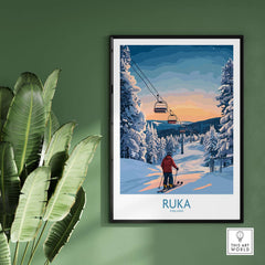 Ruka ski resort snow scene art print showcasing serene winter landscape and skiing couple in Finland.