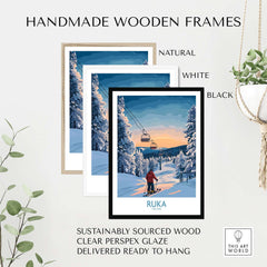 Handmade wooden frames in natural, white, and black for Ruka snow scene print, ready to hang.