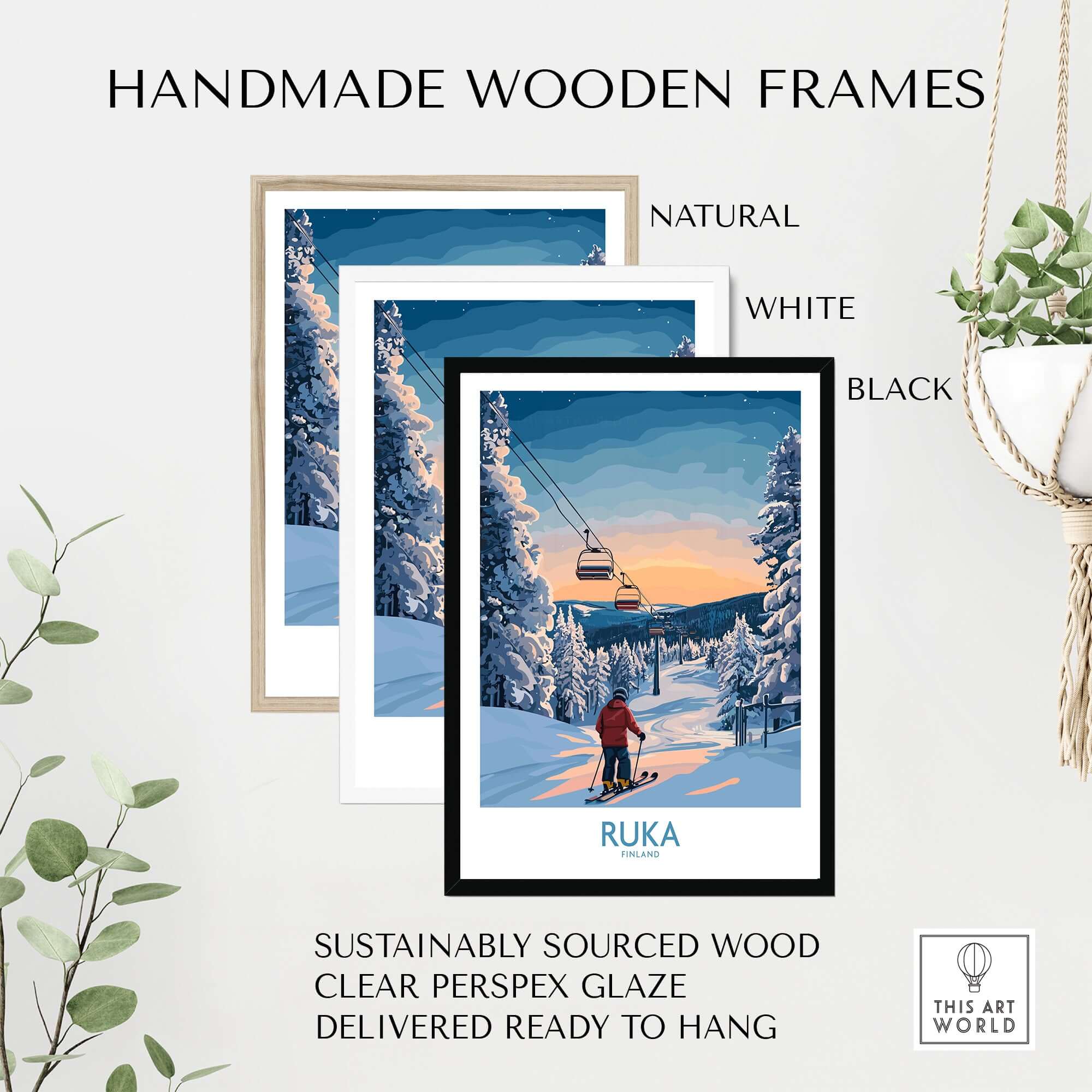 Handmade wooden frames in natural, white, and black for Ruka snow scene print, ready to hang.