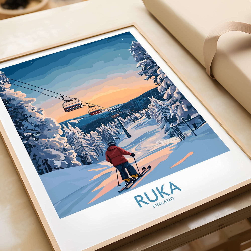Ruka snow scene print featuring a skier at sunset, framed Scandinavian wall decor from Finland.