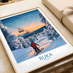 Ruka snow scene print featuring a skier at sunset, framed Scandinavian wall decor from Finland.