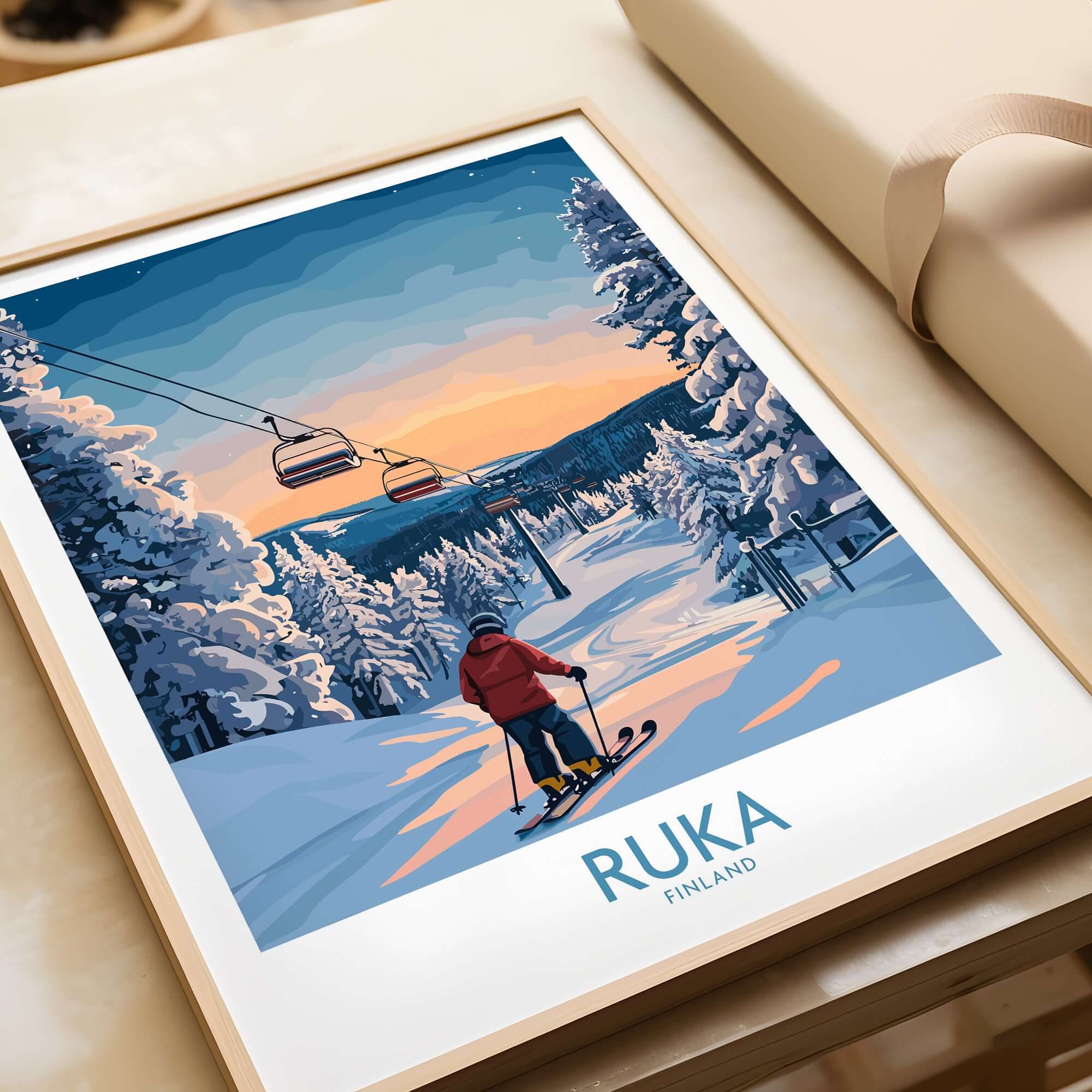 Ruka snow scene print featuring a skier at sunset, framed Scandinavian wall decor from Finland.