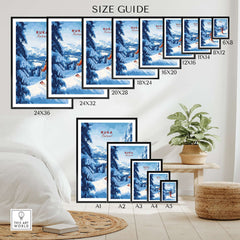 Size guide for Ruka ski run poster in various frame dimensions, showcasing Nordic travel decor options.