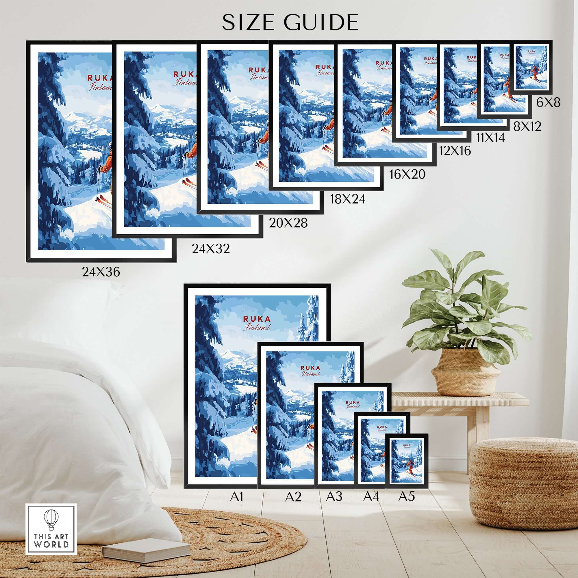 Size guide for Ruka ski run poster in various frame dimensions, showcasing Nordic travel decor options.