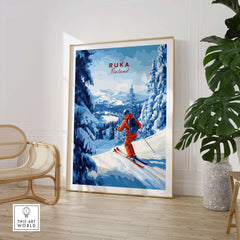 Finland Ski Run Poster featuring skier in Ruka, snowy peaks art print for Nordic travel decor, vibrant winter scene.