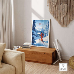Finland Ski Run Poster showcasing a skier in Ruka, perfect Nordic travel decor for winter sports lovers.