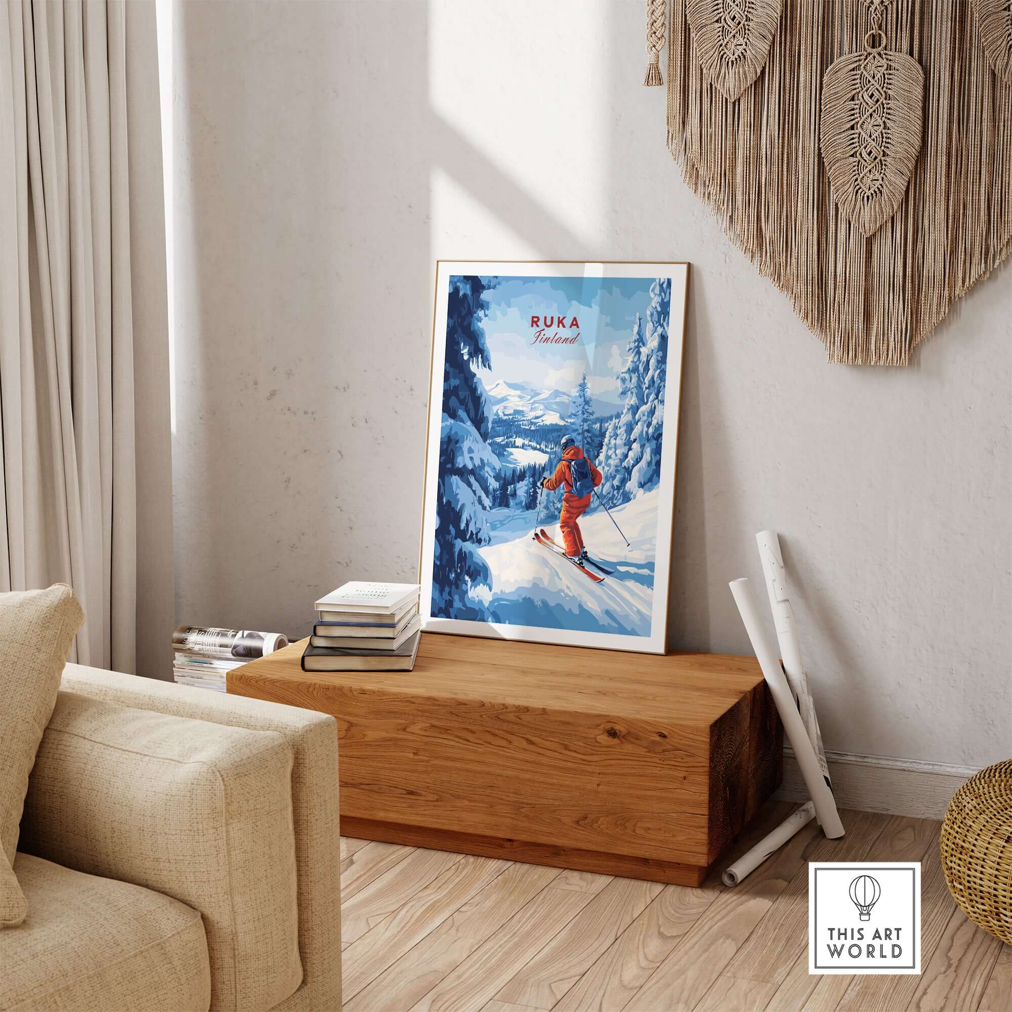Finland Ski Run Poster showcasing a skier in Ruka, perfect Nordic travel decor for winter sports lovers.