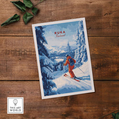 Ruka Finland ski run poster featuring a skier on a snowy slope, perfect Nordic travel decor for winter sports lovers.