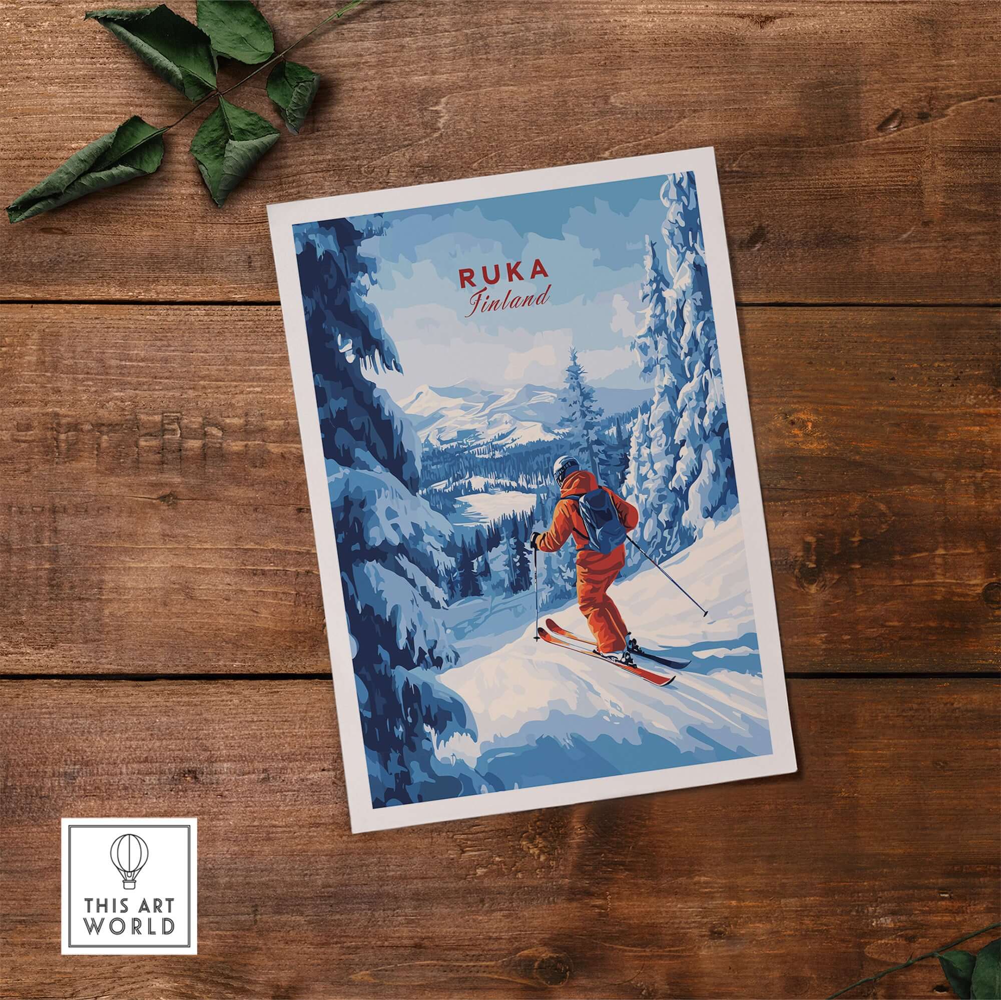 Ruka Finland ski run poster featuring a skier on a snowy slope, perfect Nordic travel decor for winter sports lovers.