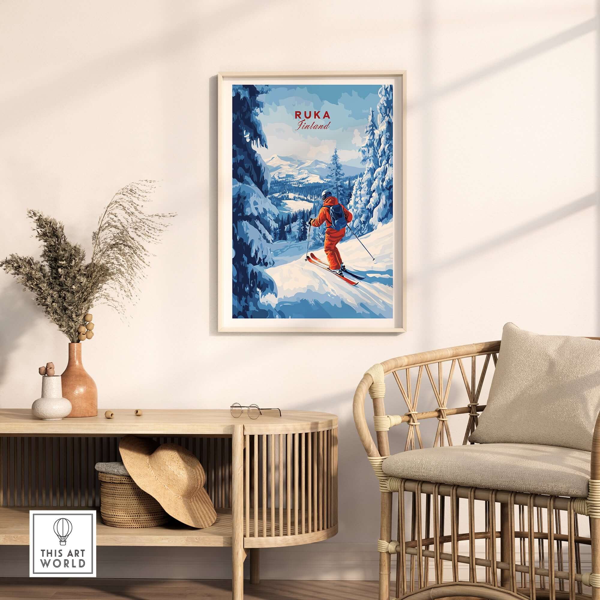 Ruka ski run poster featuring a skier in snowy peaks, perfect for Nordic travel decor and winter enthusiasts.