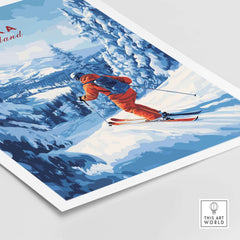 Ruka ski run poster showcasing a skier in orange gear on snowy Finnish slopes, ideal Nordic travel decor.