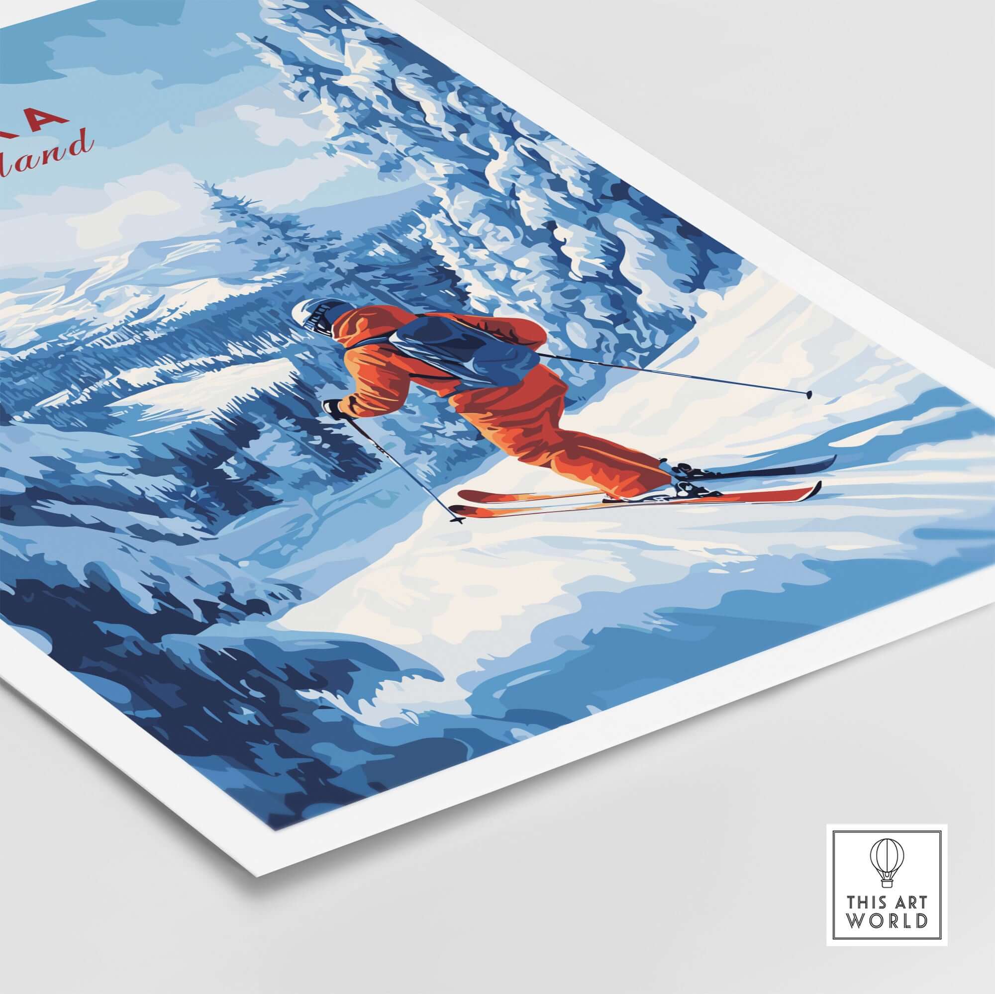 Ruka ski run poster showcasing a skier in orange gear on snowy Finnish slopes, ideal Nordic travel decor.