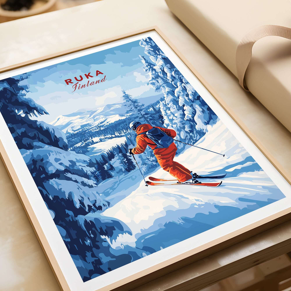 Ruka Ski Run Poster featuring a skier on snowy peaks with Nordic scenery, perfect for winter sports enthusiasts.