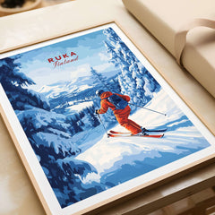 Ruka Ski Run Poster featuring a skier on snowy peaks with Nordic scenery, perfect for winter sports enthusiasts.