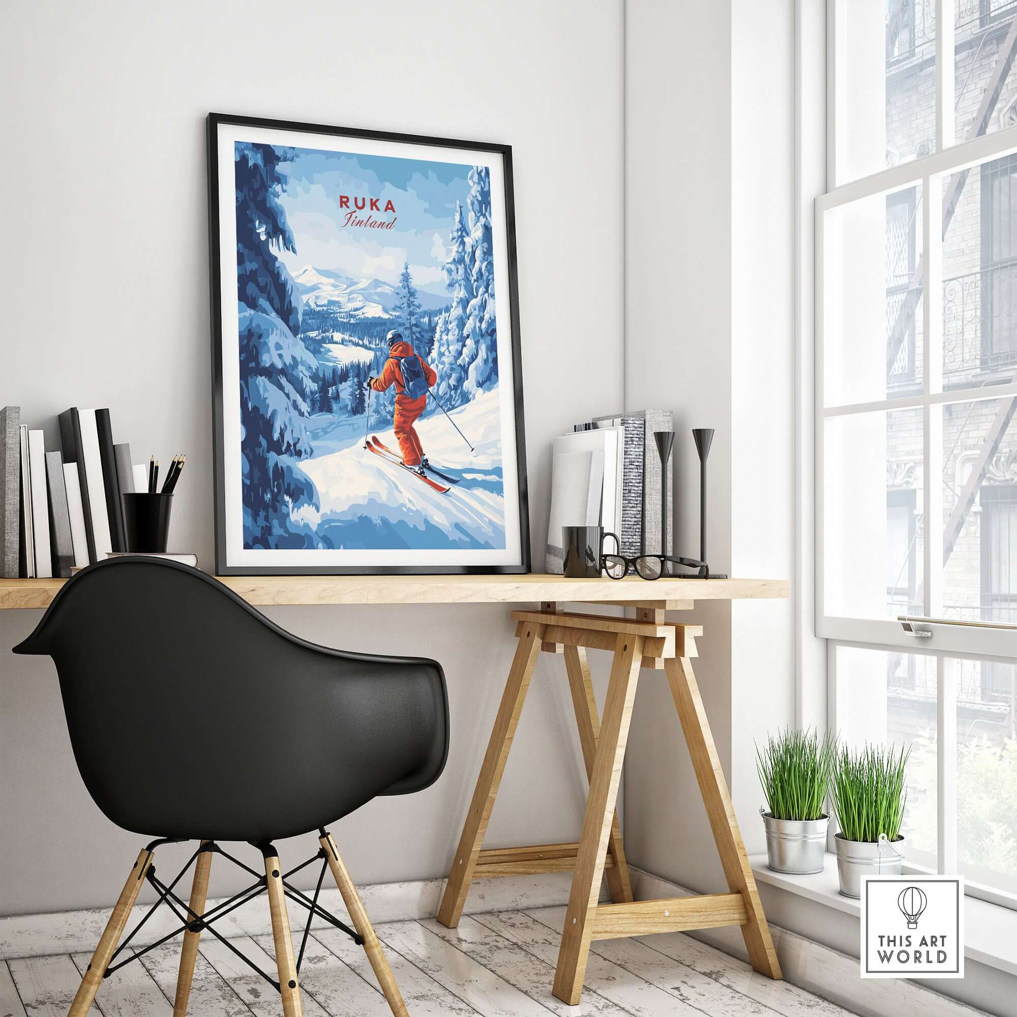 Ruka ski run poster featuring a skier on snowy peaks, perfect Nordic travel decor for winter sports lovers.