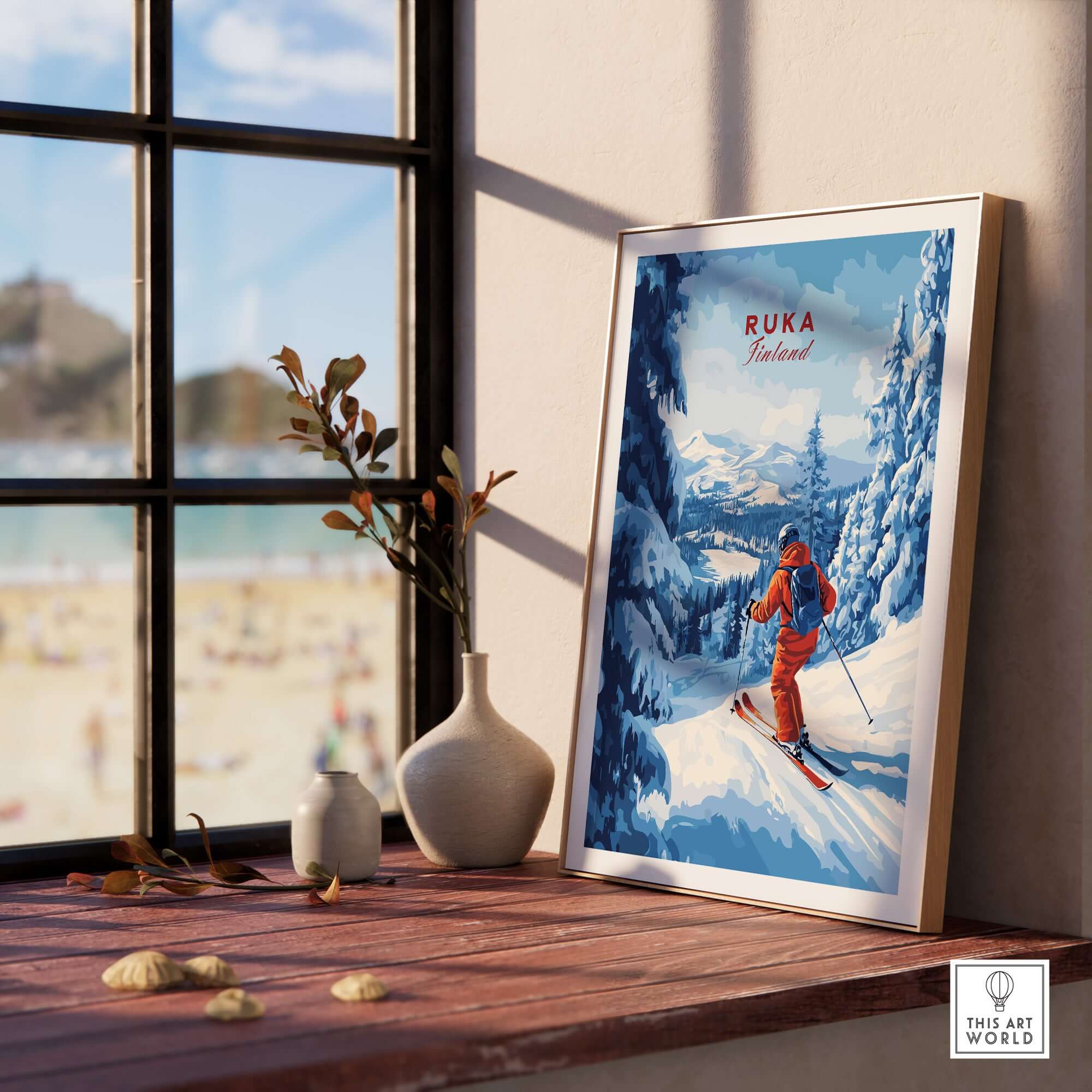 Framed Ruka ski run poster showing a skier in snowy peaks, perfect for Nordic travel decor and winter sports enthusiasts.