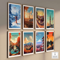 Colorful travel posters featuring iconic cities including Ruka, Paris, Barcelona, London, Amsterdam, Florence, Tokyo, and Bangkok.