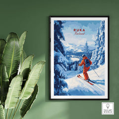 Finland ski run poster featuring skier in snowy landscape, vibrant Nordic travel decor for winter sports enthusiasts.