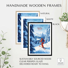 Handmade wooden frames in natural, white, and black for Ruka Finland ski art prints. Sustainable and ready to hang decor.