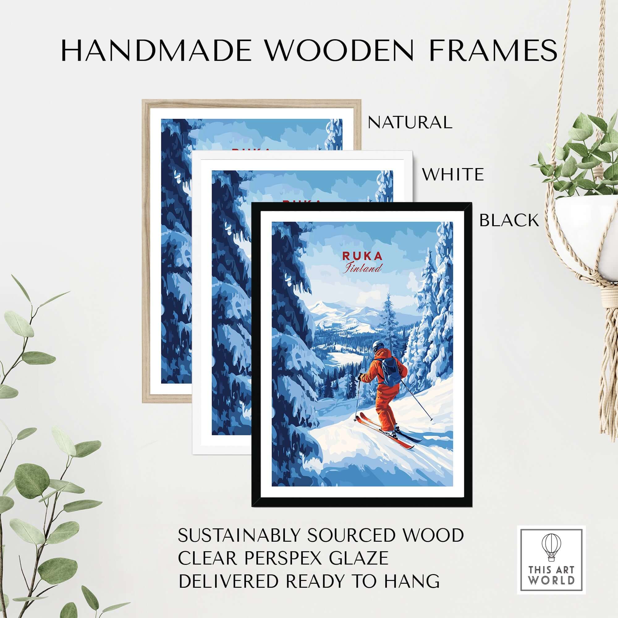Handmade wooden frames in natural, white, and black for Ruka Finland ski art prints. Sustainable and ready to hang decor.
