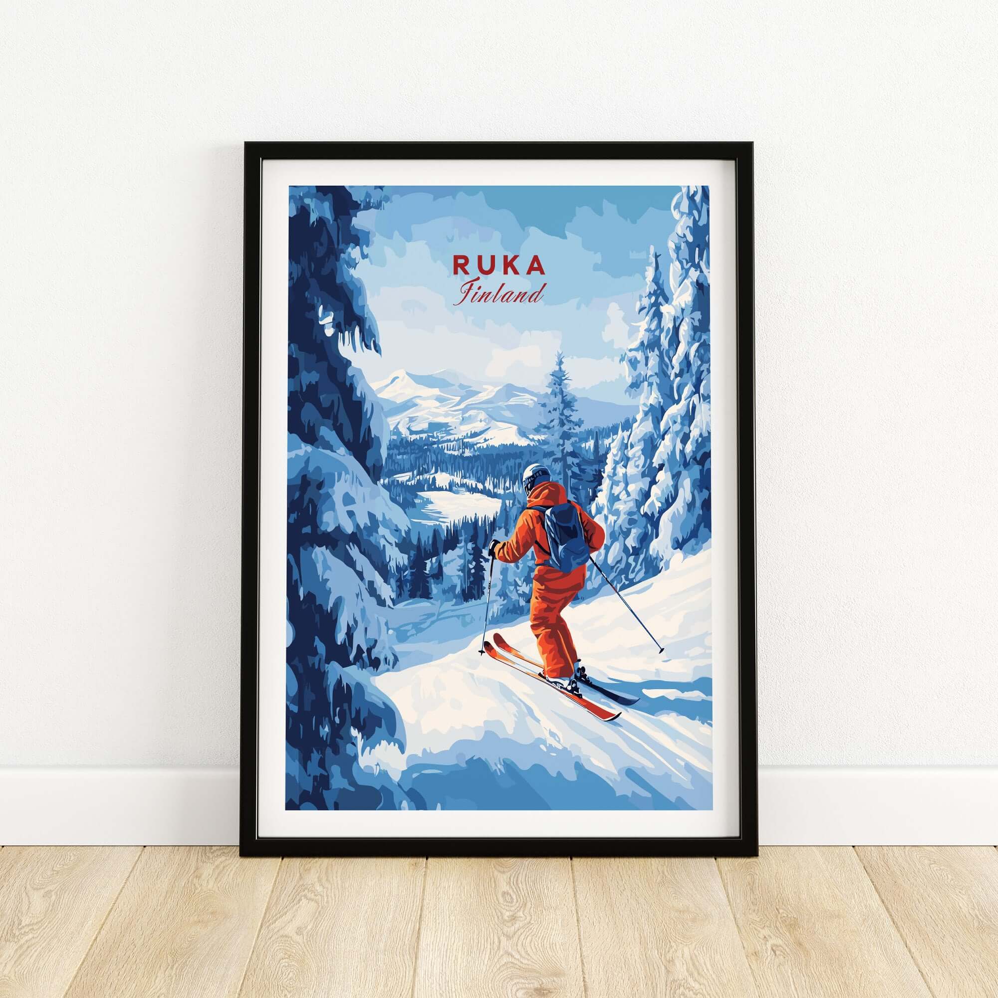 Finland ski run poster featuring a skier in orange descending snowy peaks in Ruka, Nordic travel decor.