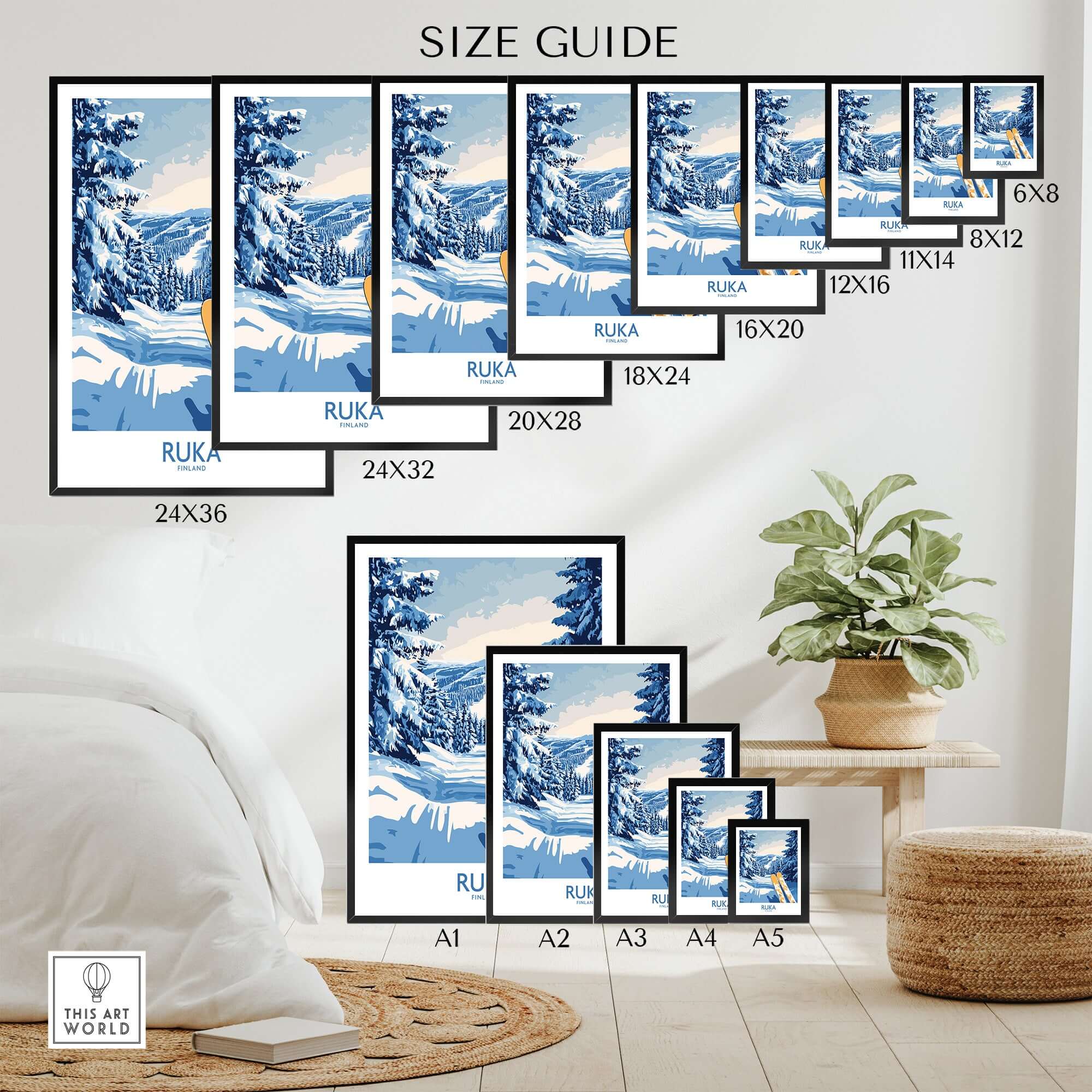 Size guide image showing various frame sizes for Ruka Ski Poster, featuring a wintery Nordic scene.