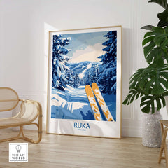 Ruka Ski Poster featuring snowy Nordic landscape and skis, perfect wall art for ski lovers and Scandinavian decor.