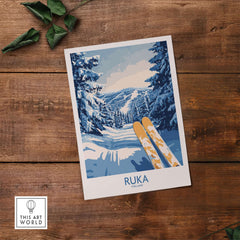 Ruka Ski Poster featuring snowy landscapes and skis, perfect Nordic scene decor for ski lovers.